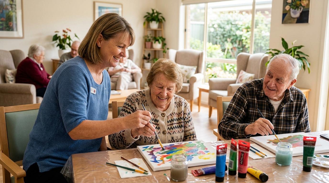 A memory care staff member supports a resident at Boden Senior Living in Maplewood.
