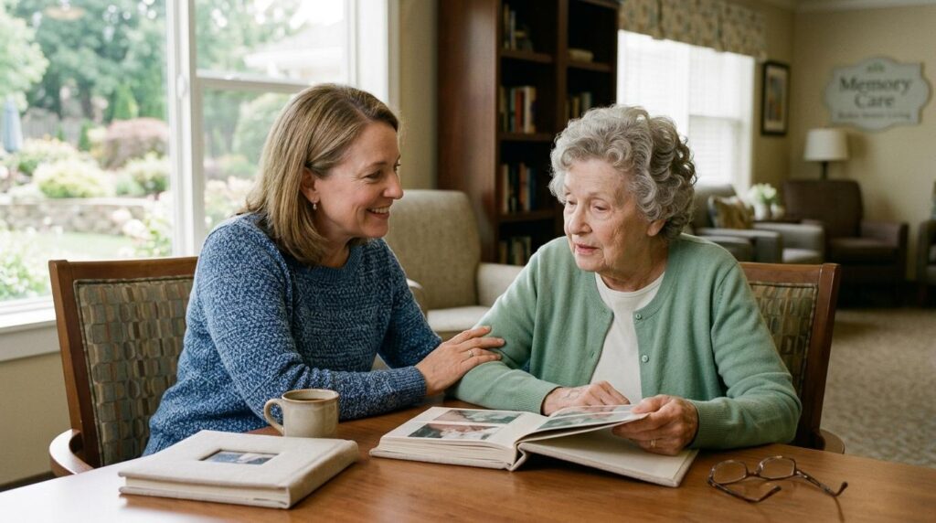 An adult comforts an older adult, reflecting memory care support at Boden Senior Living in Maplewood.