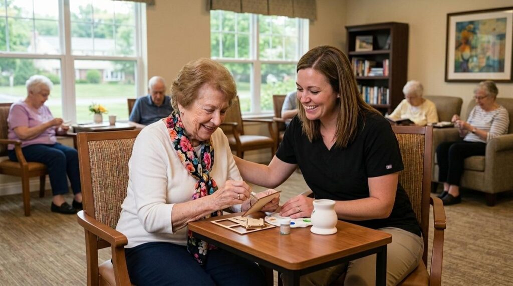 Caregiver helps an elderly woman with a craft project at a table in a senior living center