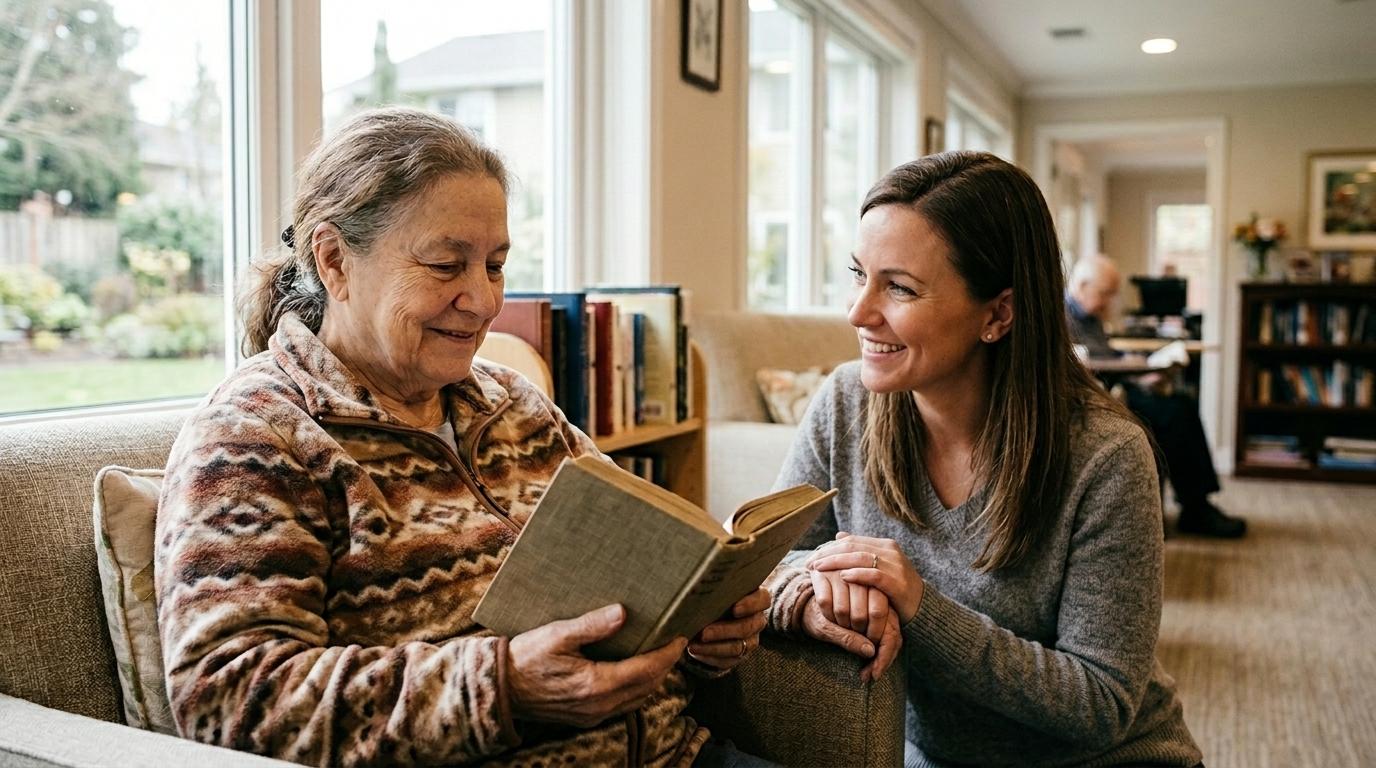Older adult in a peaceful moment of reflection, supported by a smiling caregiver, representing spiritual and emotional well-being in memory care.