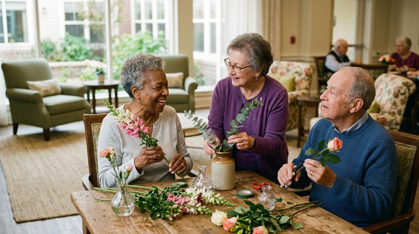 A few seniors smile at the flower arrangements they are working on in a well-lit senior care community.