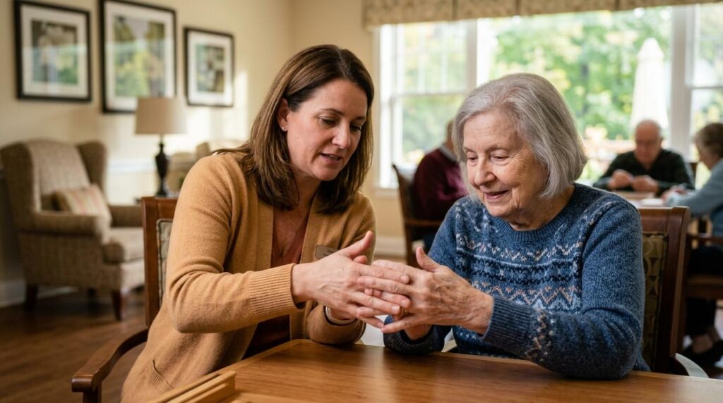 An older adult and their caregiver practicing the interlocking finger test for dementia screening during a gentle evaluation.