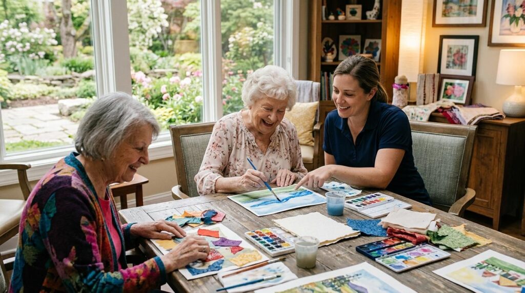 Three women painting watercolors together at a sunlit kitchen table in a cozy home.