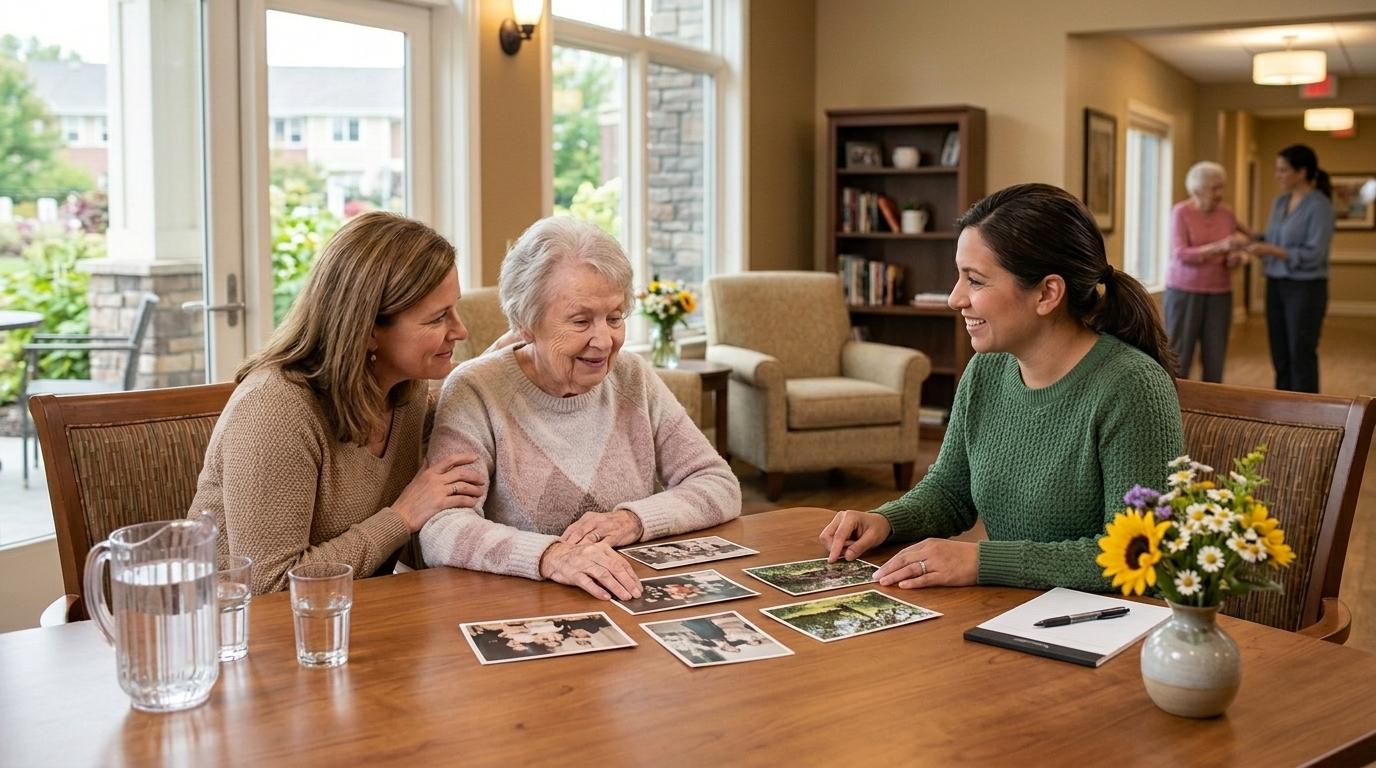 Older adult sitting with a caregiver and their adult child during a cognitive screening conversation at a memory care community.