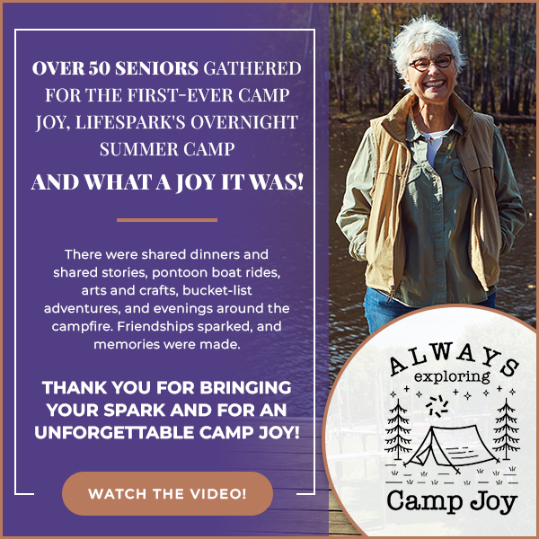 Promotional banner for Camp Joy: seniors over 50 on a summer camp, with a smiling older woman by a lake and a Camp Joy logo on the right.