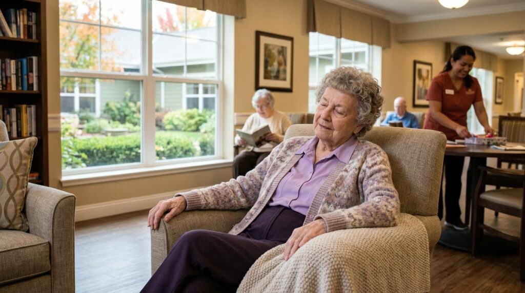 An elderly woman sits peacefully in a beige armchair with a knitted blanket in a bright lounge of a senior living home; garden visible through large windows.